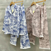 BALCONY韩国睡衣女2024春季纯棉简约水墨印染前扣长袖家居服套装