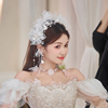 新娘头饰流苏发箍花朵颈链，婚纱礼服白色超仙韩式造型绢纱发饰套装