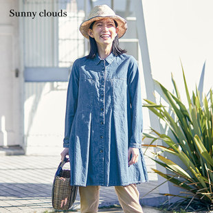 桑妮库拉/Sunny clouds 女式纯棉中长款散摆牛仔衬衫
