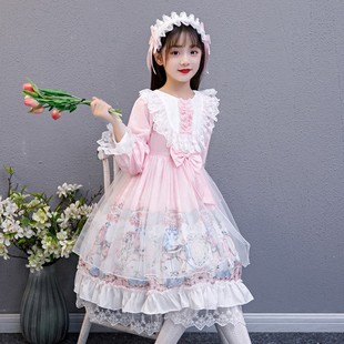 洛丽塔女童公主裙春秋季粉色，2024迪士尼中大童，蓬蓬裙子女孩连衣裙