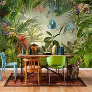 东南亚风格热带雨林芭蕉叶绿色森林背景墙纸手绘客厅餐厅壁纸壁画