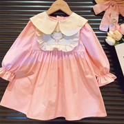 童装女童粉色连衣裙2024春季甜美泡泡，袖卡通可爱公主裙