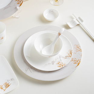 中式高档星级骨瓷摆台餐具三件套釉中彩餐厅会所招待碗盘定制logo