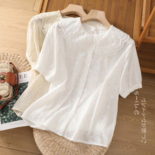 2023夏季娃娃领镂空刺绣白色，衬衫女短袖，衬衣宽松减龄遮肚上衣