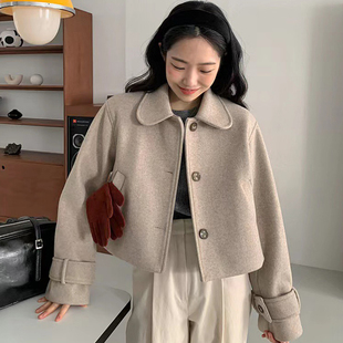 韩国chic秋季复古减龄娃娃领单排扣宽松百搭纯色，长袖毛呢外套女