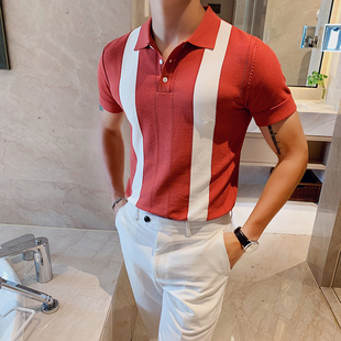 男士夏季冰丝针织t恤衫轻熟修身红色，条纹短袖翻领polo衫休闲体恤