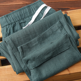 纯亚麻墨绿色长裤中国风，纯色简约轻薄透气清爽排汗男女同款裤子