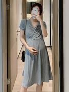 孕妇连衣裙夏装时尚外穿宽松莫代尔V领孕妇中长款高品质夏天裙子