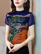 韩版大码短袖t恤女士，夏季定位花薄款上衣，修身网纱花色打底衫