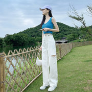 日系白色破洞牛仔裤女夏季薄款小个子阔腿裤高腰，垂感宽松直筒长裤