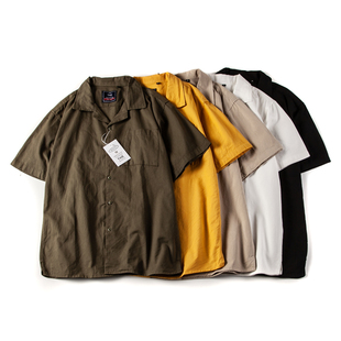 日式复古古巴领短袖衬衫，纯棉水洗男衬衣，宽松日系夏季休闲港风上衣