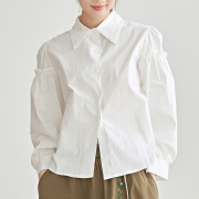 韩版纯棉衬衫女春装设计感小众时尚，宽松百搭荷叶边拼接泡泡袖上衣