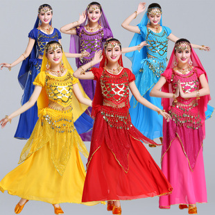 印度舞蹈服装女成人短袖肚皮舞，天竺性感金色吊币新疆舞蹈演出服