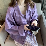 紫色短款牛仔外套女2024春季长袖宽松显瘦小个子工装夹克上衣