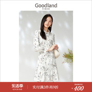 Goodland美地女装春季时尚法式印花喇叭袖连衣裙高级感