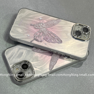 自带镜头紫色渐变蝴蝶适用苹果14手机壳iPhone15ProMax13pro防摔15pro硅胶11女款12小众高级感全包保护套