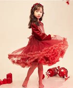 卡果娜【玫瑰庄园】2021秋冬红色女宝网纱蝴蝶结娃娃领加绒公主裙