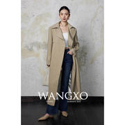 wangxo|精纺平纹梭织抗皱风衣料，|经典卡其色翻领双排扣系带风衣