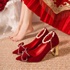 红色结婚鞋秀禾服两穿高跟鞋子新娘鞋孕妇粗跟中式礼服鞋出嫁
