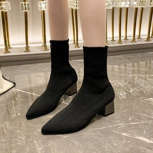 时尚弹力袜靴女2023年秋季粗跟针织瘦瘦靴法式方头高跟短靴子