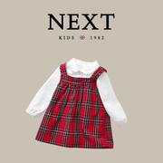 英国next女宝宝长袖衬衫红色英伦，风格子背带裙套装儿童洋气两件套