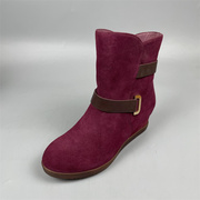 女鞋春秋季红色羊，反绒短靴圆头坡跟，防滑平底简约皮带扣短靴潮