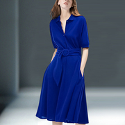 欧美时尚连衣裙女蓝色系夏收，腰短袖简约中长款气质，衬衫裙