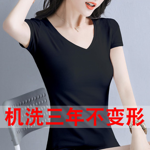 女装2023年纯棉黑色t恤女短袖，v领夏季紧身纯色，半袖修身上衣白