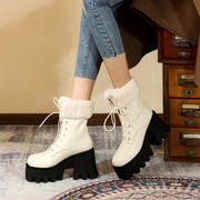厚底雪地靴女冬季真皮羊毛系带短靴，10厘米超高跟加厚棉鞋马丁靴