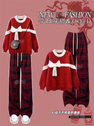 红色新年针织毛衣女(毛衣女)冬季2023慵懒风，设计感高腰直筒格子休闲裤