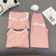 甜美可爱睡衣女春秋季三件套装吊带长袖长裤粉色带胸垫开衫家居服