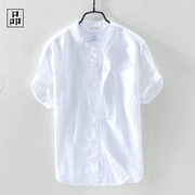 一件舒适透气的麻衬衫，!夏季薄款宽松亚麻立领，棉麻短袖衬衫男白色