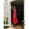 左佳琪荷叶边波点连衣裙女2024夏季韩版气质，显瘦红色长裙女
