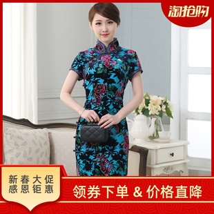 中式复古中长款短袖弹力丝绒旗袍时尚改良连衣裙妈妈婚礼宴会服装