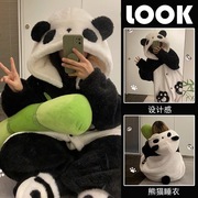 可爱卡通熊猫冬季睡袍女睡衣珊瑚绒2024年少女保暖家居服套装