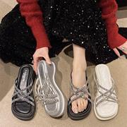 网红亮片坡跟拖鞋女外穿2024年夏季韩版时尚休闲拖鞋舒适