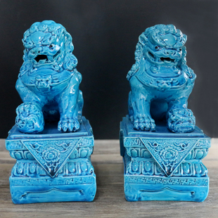 中式冰裂釉工艺摆件蓝色陶瓷狮子 一对景德镇陶瓷器家居家装饰品