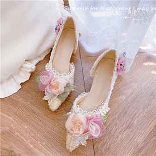 原创设计手工仙女粗跟高跟鞋粉色，水晶花朵浅口尖头，洛丽塔花边单鞋