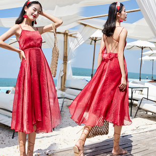 夏季女装复古清新海边度假沙滩，裙不规则吊带连衣裙仙女小红裙