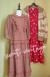 vintage古着红色波点棉花格子经典连衣裙蛋糕裙长裙日系毛衣外套