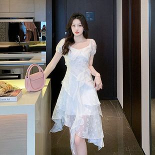 法式不规则荷叶边连衣裙女夏季小个子收腰显瘦初恋仙女茶歇长裙子