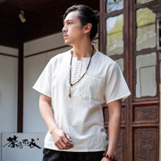 夏季民族风纯色棉麻男士短袖，上衣少数民族特色，宽松休闲衫男装