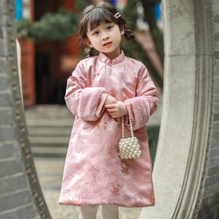 儿童旗袍女童秋冬季中国风，夹棉长袍裙子小女孩，粉色宽松过年服礼服