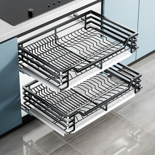 四季沐歌厨房橱柜拉篮304不锈钢可定制双层抽屉式碗碟架厨柜碗篮