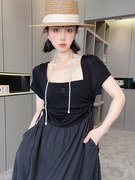 RR fashion 短袖连衣裙女2024夏季法式赫本风U型领收腰长裙