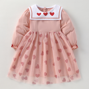 女童粉红色公主裙宝宝大翻领，娃娃裙衫儿童秋装，婴儿长袖连衣裙网纱