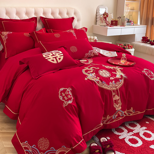 高档龙凤双喜刺绣婚庆四件套，大红色被套床单全棉纯棉结婚床上用品