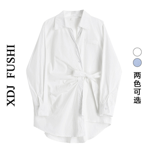 白色收腰绑带长袖衬衫裙，设计感小众，衬衣女2024韩版中长款上衣