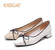 kisscat接吻猫2023春款粗跟尖头牛皮蝴蝶结女单鞋ka43200-13