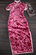 茧玥高端手工量身定制玫红色真丝烂花绒，牡丹花短袖长旗袍裙